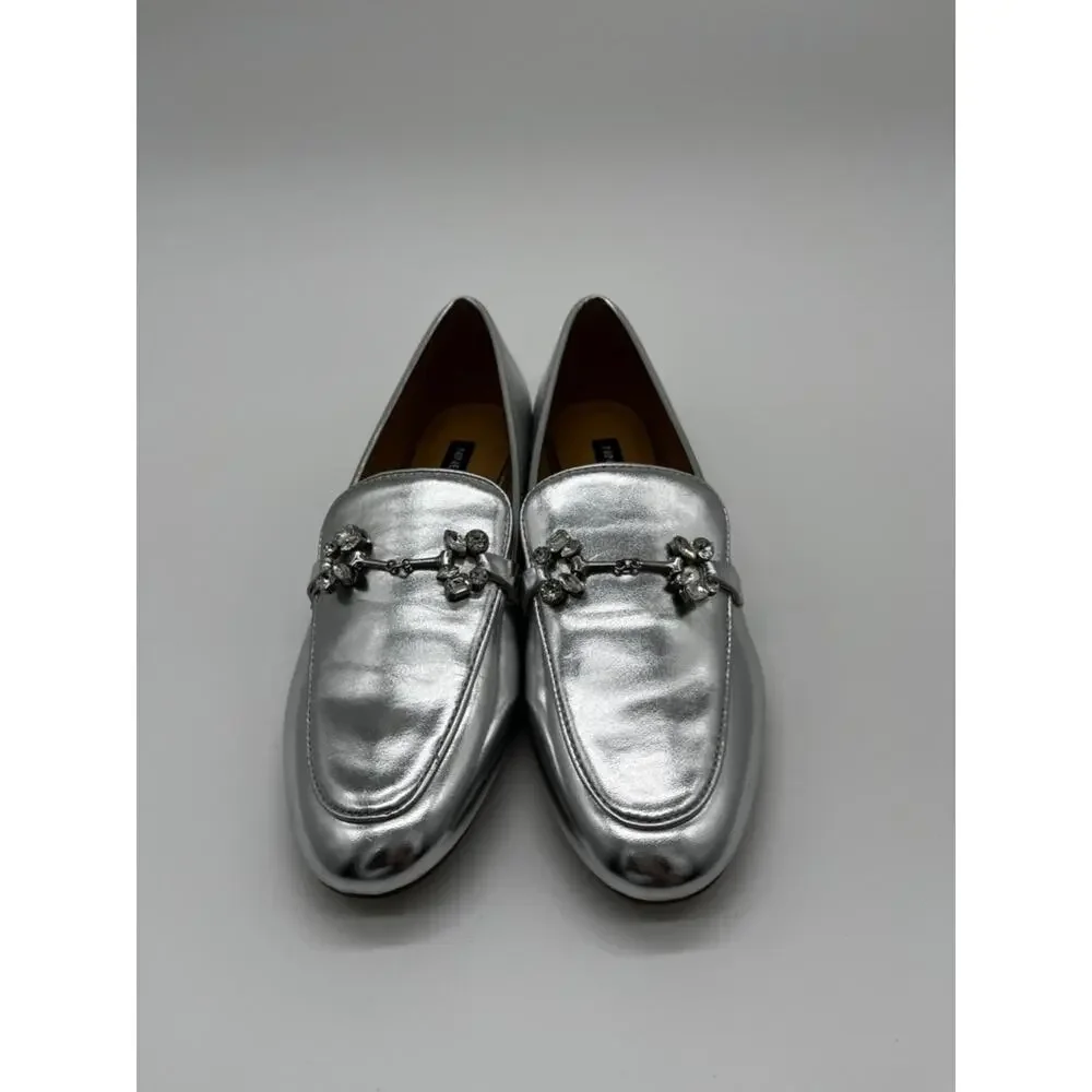 Nine West Bennit Bit Chain Loafers Metallic Silver - Size 6M
